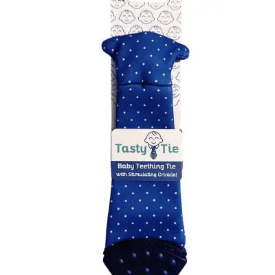 Tasty Tie® Baby Teething Tie & Crinkle Toy! - Navy Polkadot