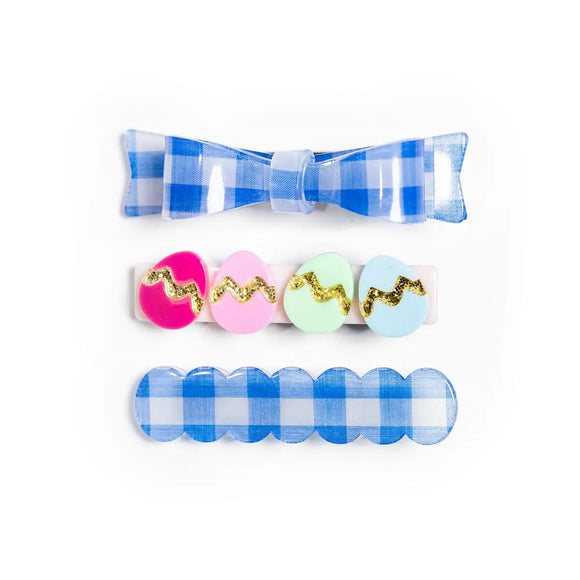 Lilies & Roses Alligator Clips Colorful Easter Eggs with Blue Plaid Bows