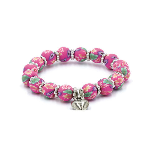 Clay Bead Kids Bracelet with Heart Charm: Bright Pink Floral