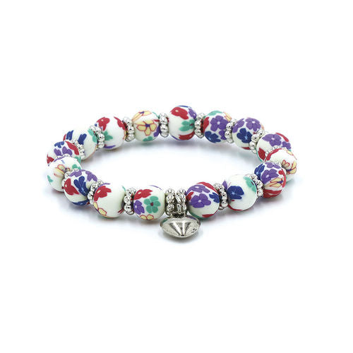 Clay Bead Kids Bracelet with Heart Charm: White Floral