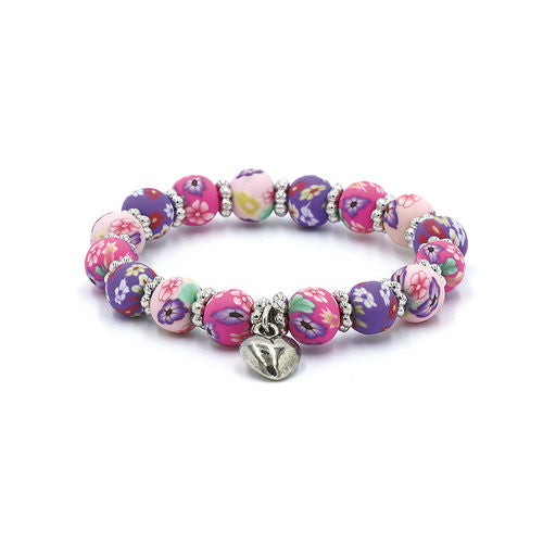Clay Bead Kids Bracelet with Heart Charm: Pink & Purple Floral