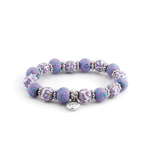 Clay Bead Kids Bracelet with Heart Charm: Light Purple & White Floral