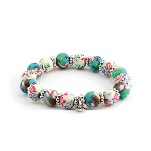 Clay Bead Kids Bracelet with Heart Charm: Teal & White Floral