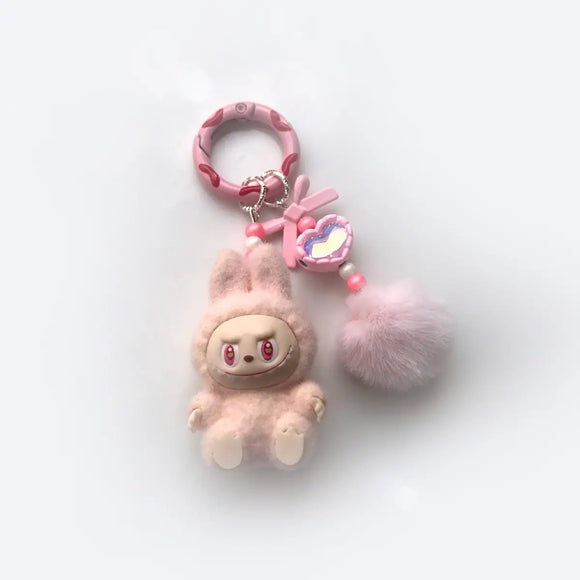 Flocked Mini Labubu Keychain Phone Charm with Fleece Poms (includes 1)