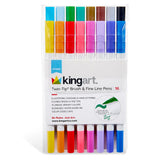 Kingart® Twin-Tip™ Brush & Fine Line Pens - Water-Based Ink - 16 Colors