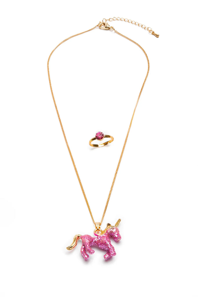 Great Pretenders - Glitter Pink Unicorn Necklace and Ring Set