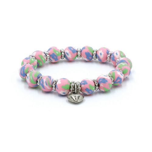 Clay Bead Kids Bracelet with Heart Charm: Light Pink Floral