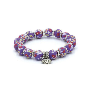 Clay Bead Kids Bracelet with Heart Charm: Purple Floral
