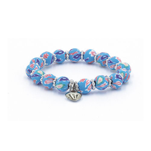 Clay Bead Kids Bracelet with Heart Charm: Blue Floral