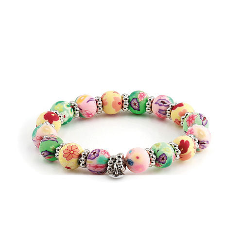 Clay Bead Kids Bracelet with Heart Charm: Pastel Floral