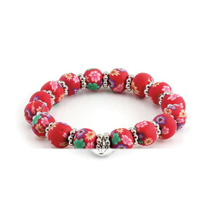 Clay Bead Kids Bracelet with Heart Charm: Red Floral