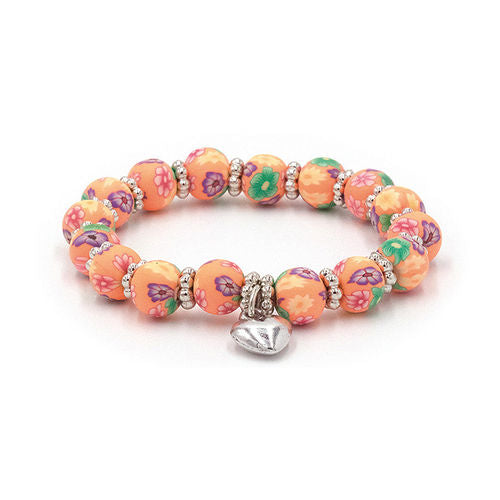 Clay Bead Kids Bracelet with Heart Charm: Peach Floral