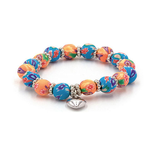 Clay Bead Kids Bracelet with Heart Charm: Peach & Blue Floral