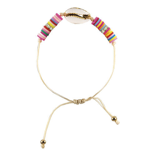 Cord Bracelet: Multi-Color Polymer Clay and Cowrie Shell in Gold