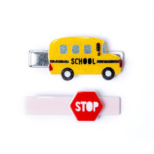 Lilies & Roses Hair Clips Yellow Bus & Red Stop Sign