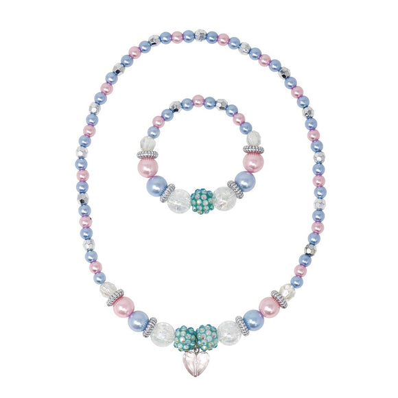 Pink Poppy Blue Ice Princess Stretch Pearl Beaded Necklace & Bracelet Set
